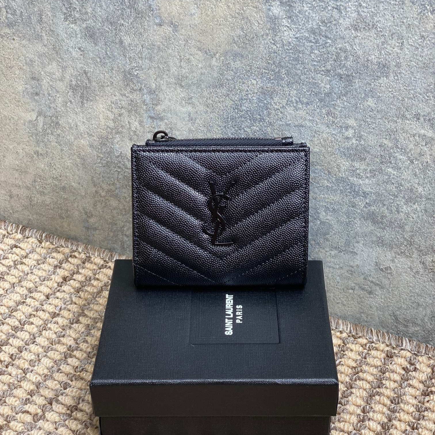 YSL Cassandre Matelassé Bi-Fold Wallet Full Black Caviar Cowhide