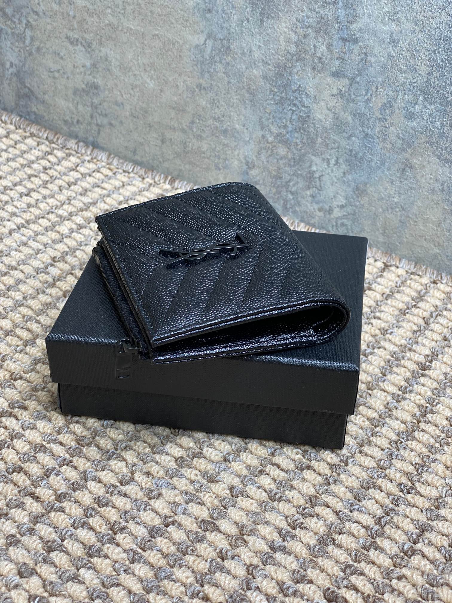 YSL Cassandre Matelassé Bi-Fold Wallet Full Black Caviar Cowhide
