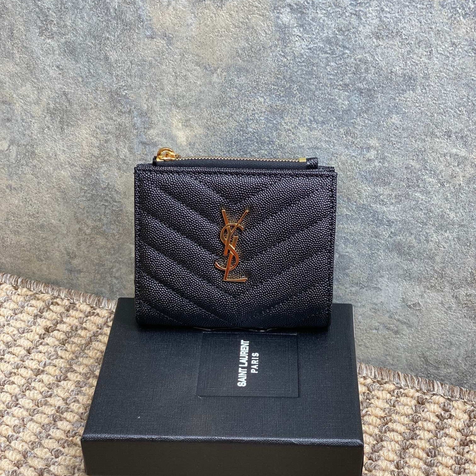 YSL Cassandre Matelassé Bi-Fold Wallet Black Caviar Cowhide GHW