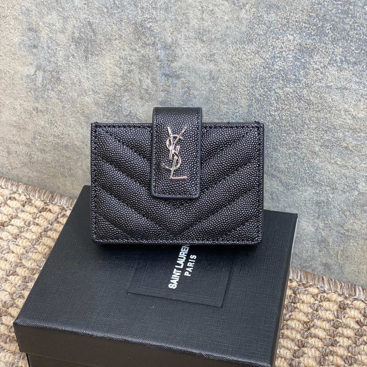 YSL Accordion Card Wallet Black 11cm Caviar Cowhide Sliver HW