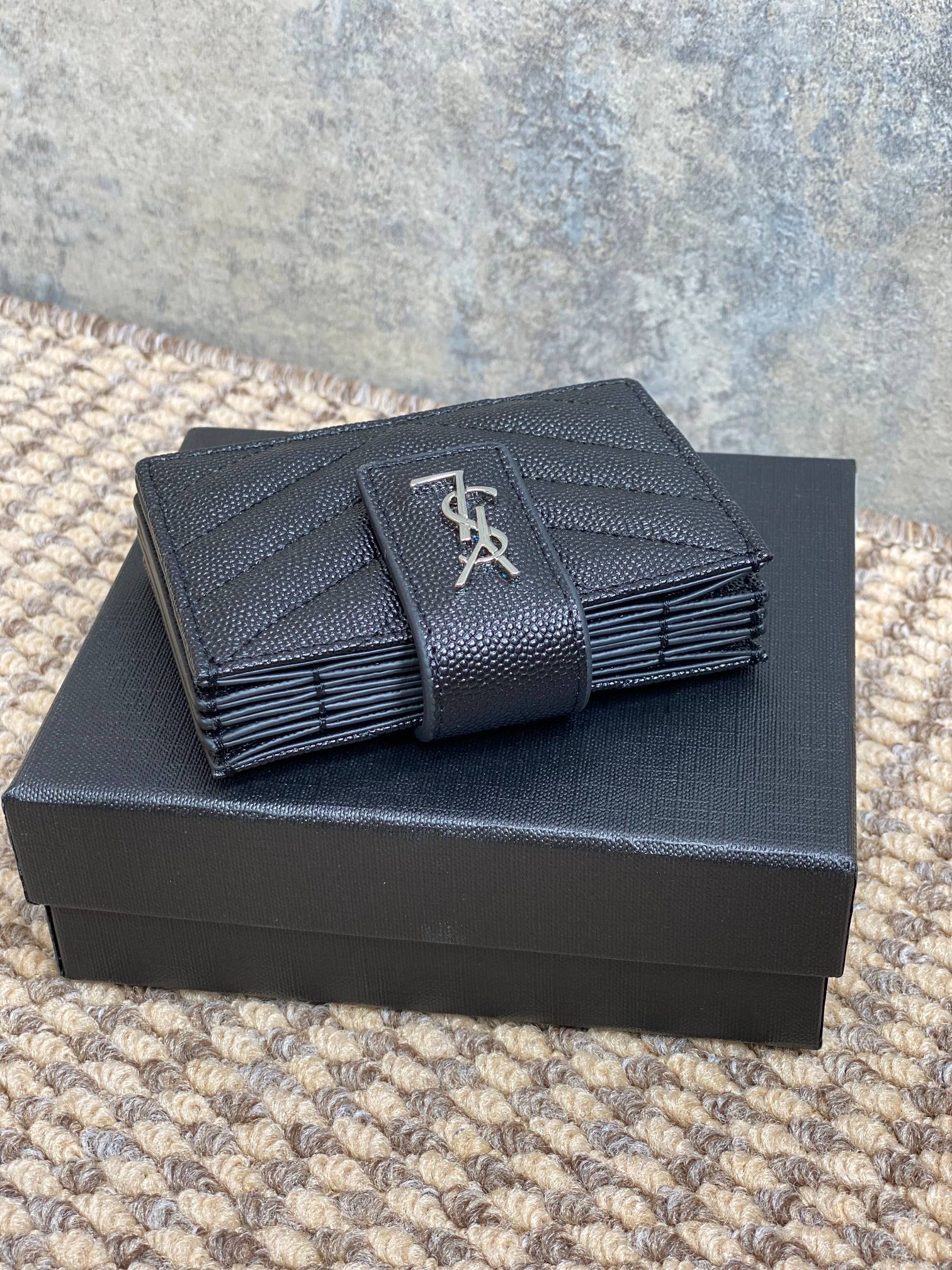 YSL Accordion Card Wallet Black 11cm Caviar Cowhide Sliver HW