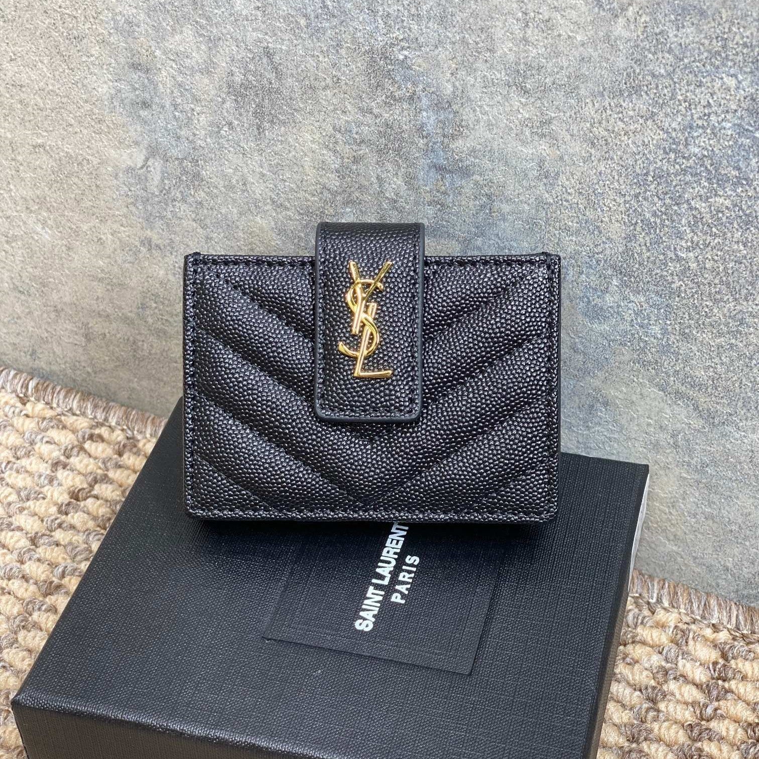 YSL Accordion Card Wallet Black 11cm Caviar Cowhide GHW