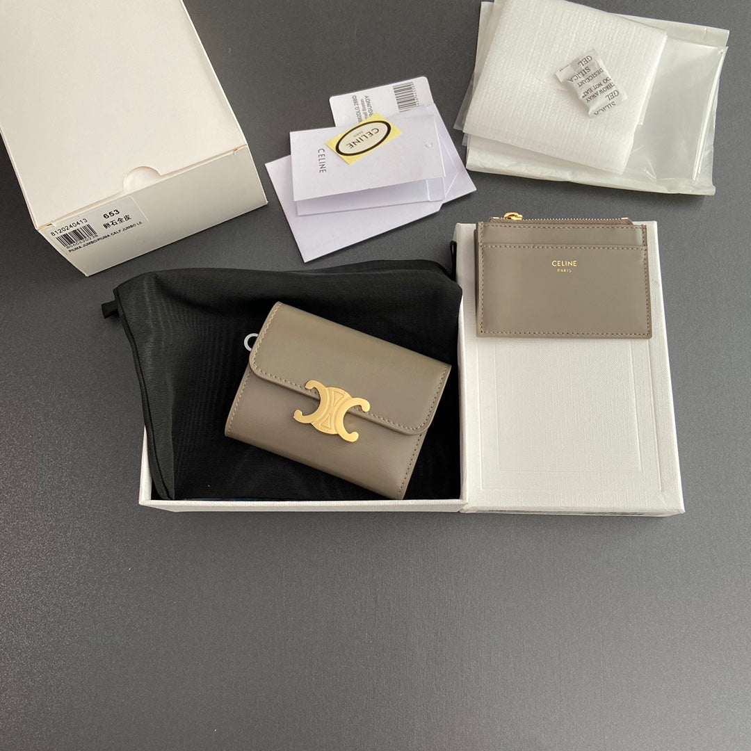 TRIOMPHE Compact Wallet With Coin Purse Modern Taupe Leather