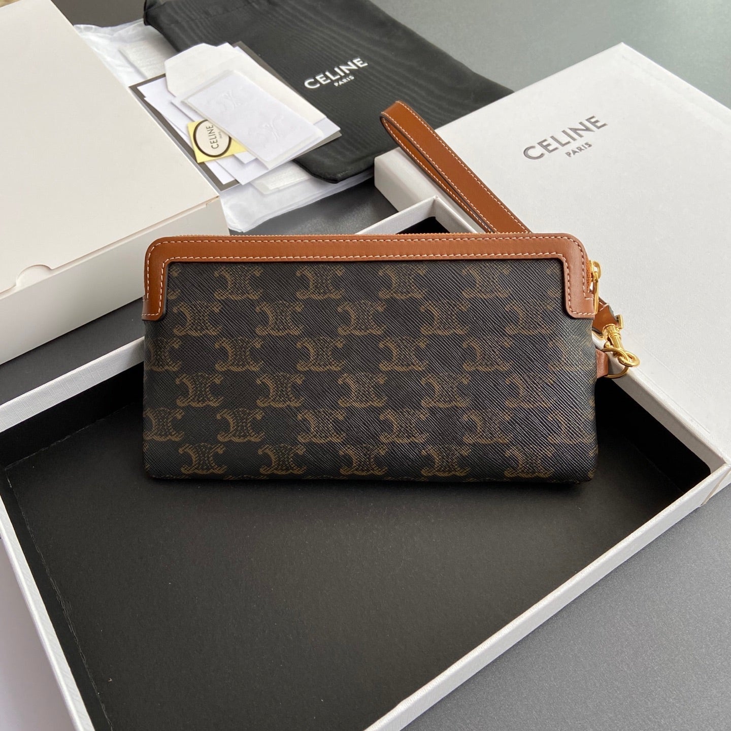 TRIOMPHE Long Pouch With Strap Tan Canvas & Calfskin