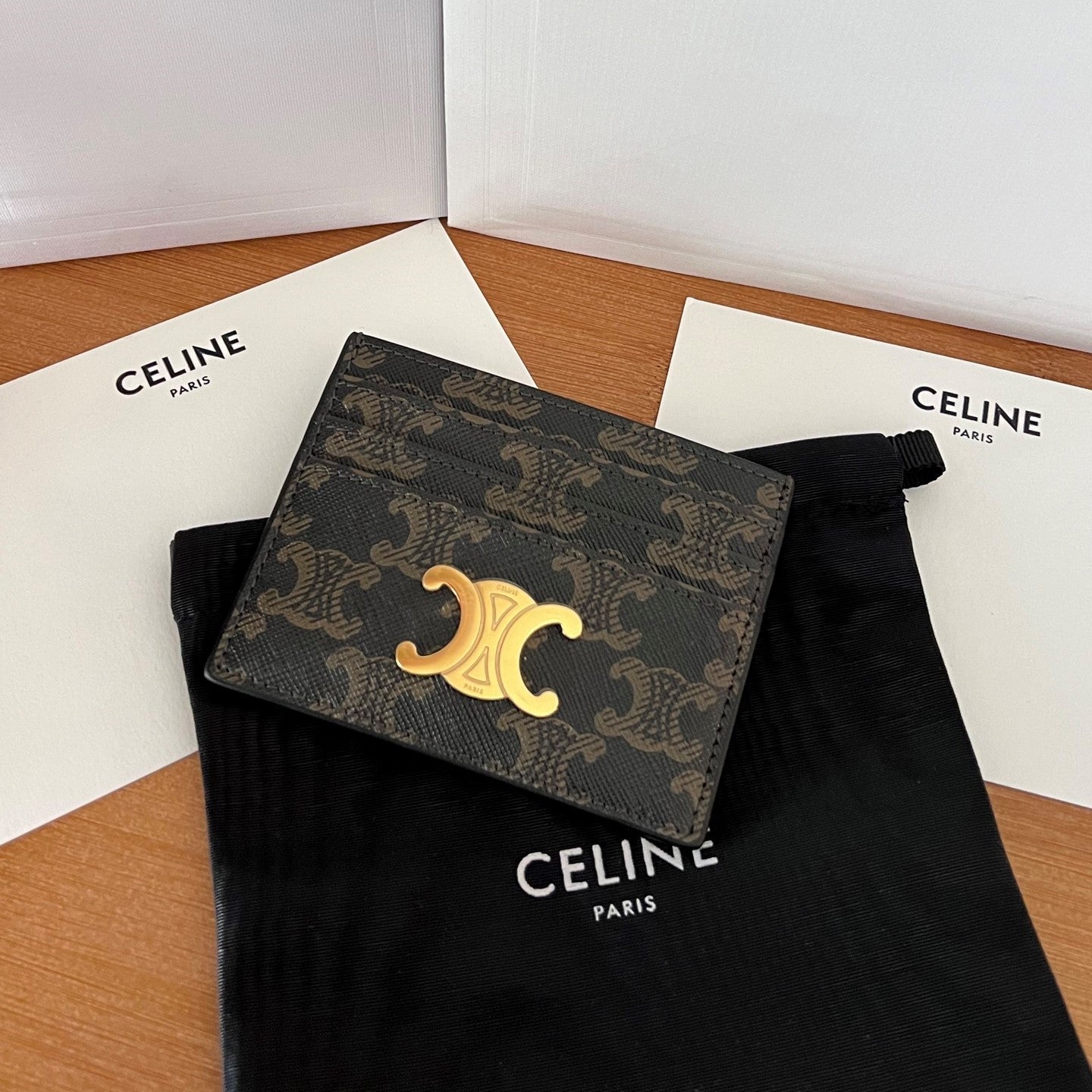 TRIOMPHE Card Holder Black Cowhide&Fabric GHW