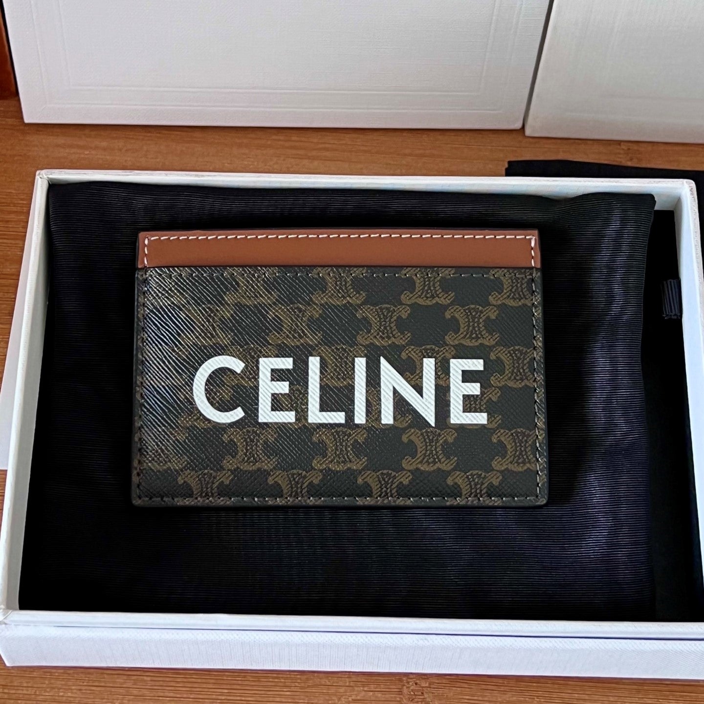 TRIOMPHE 10B702 Card Holder Logo Print Tan Cowhide& Fabric