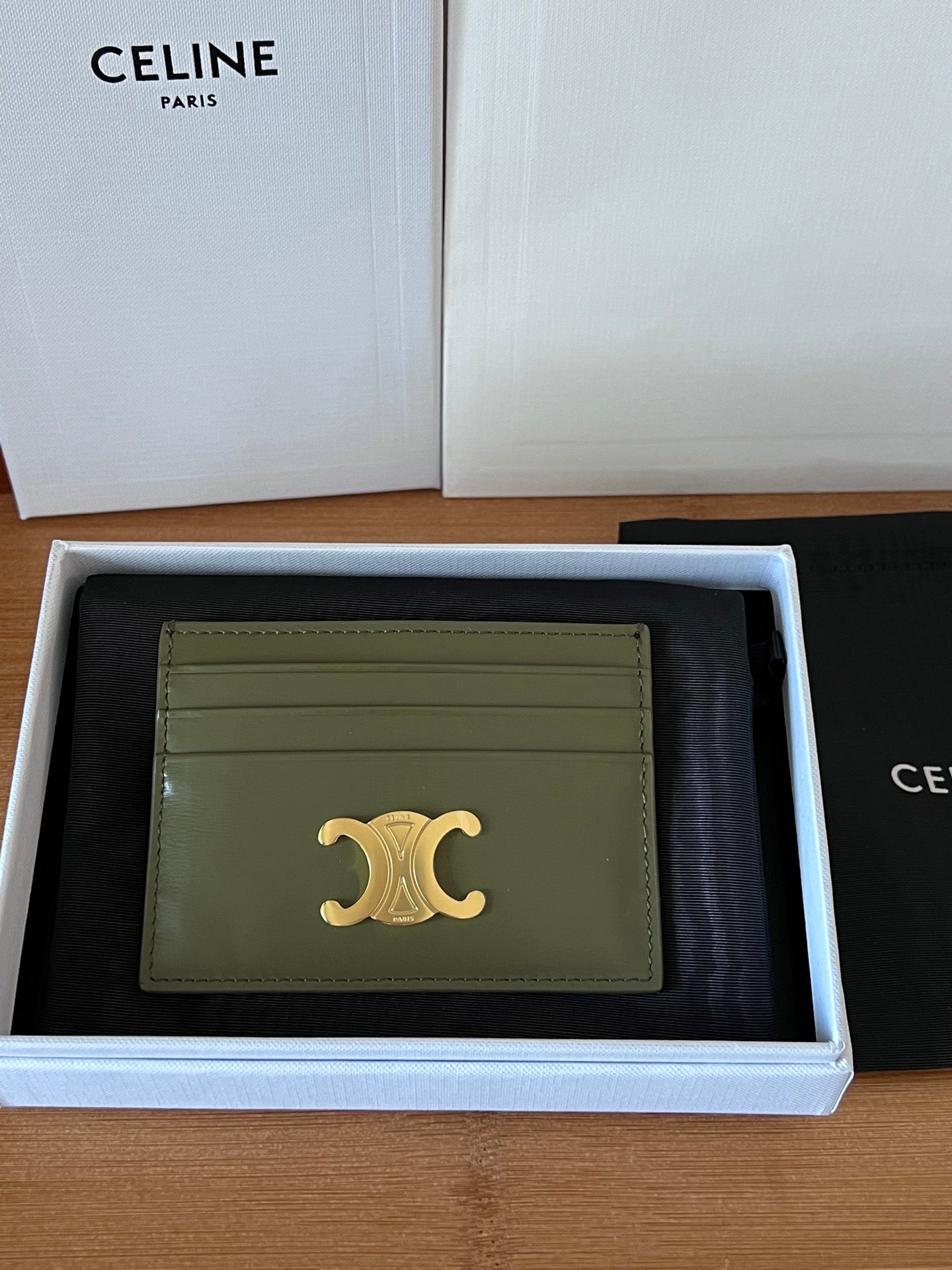 TRIOMPHE Card Holder Olive Green Cowhide& Fabric GHW