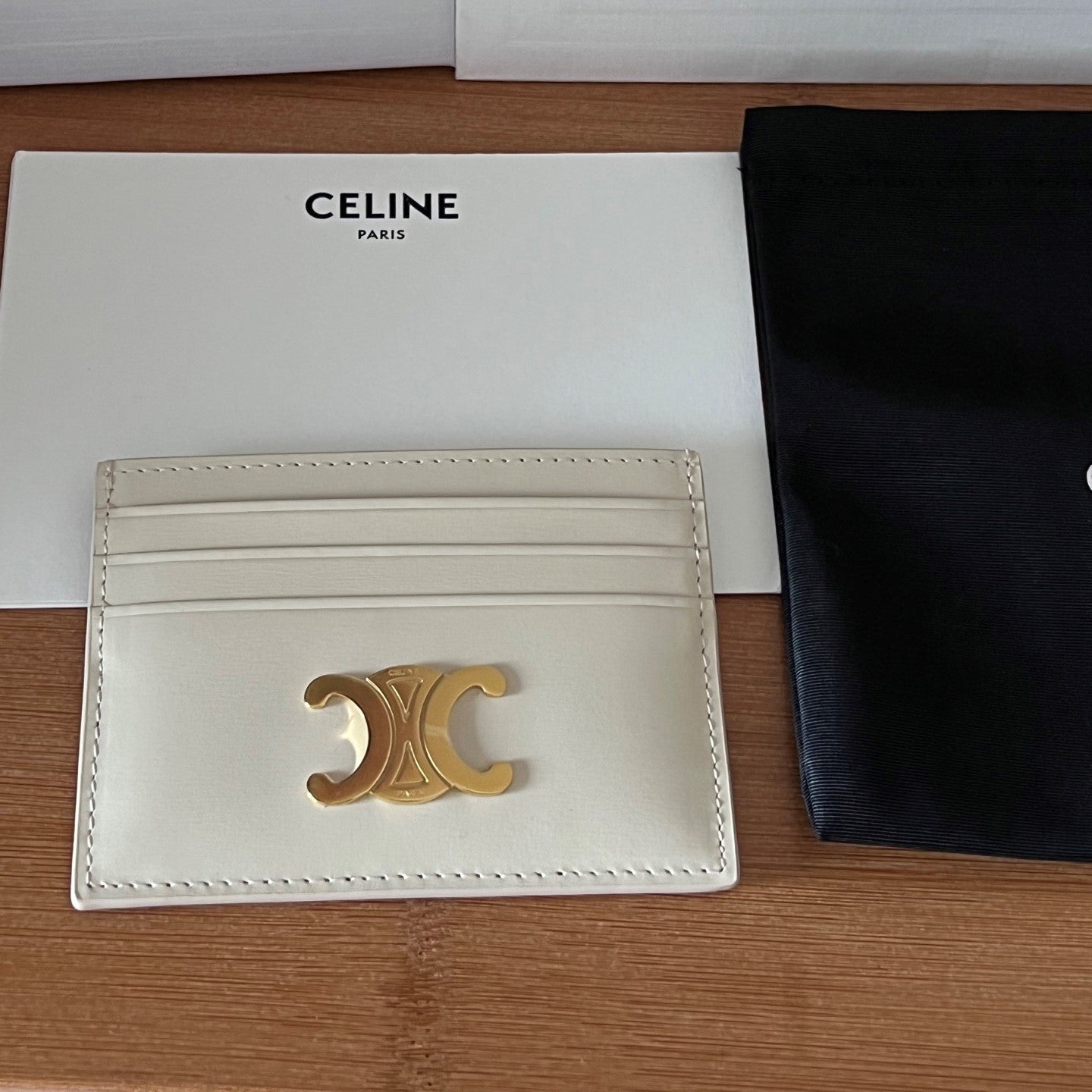 TRIOMPHE Card Holder White Cowhide& Fabric GHW