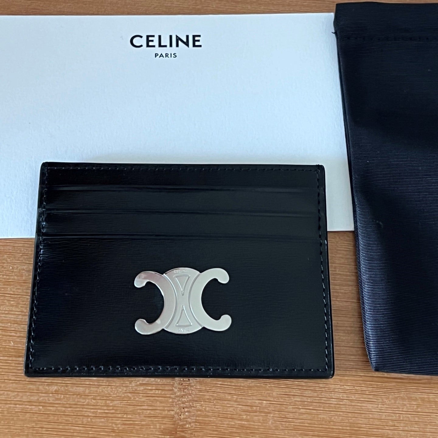 TRIOMPHE Card Holder Black Sliver Cowhide& Fabric