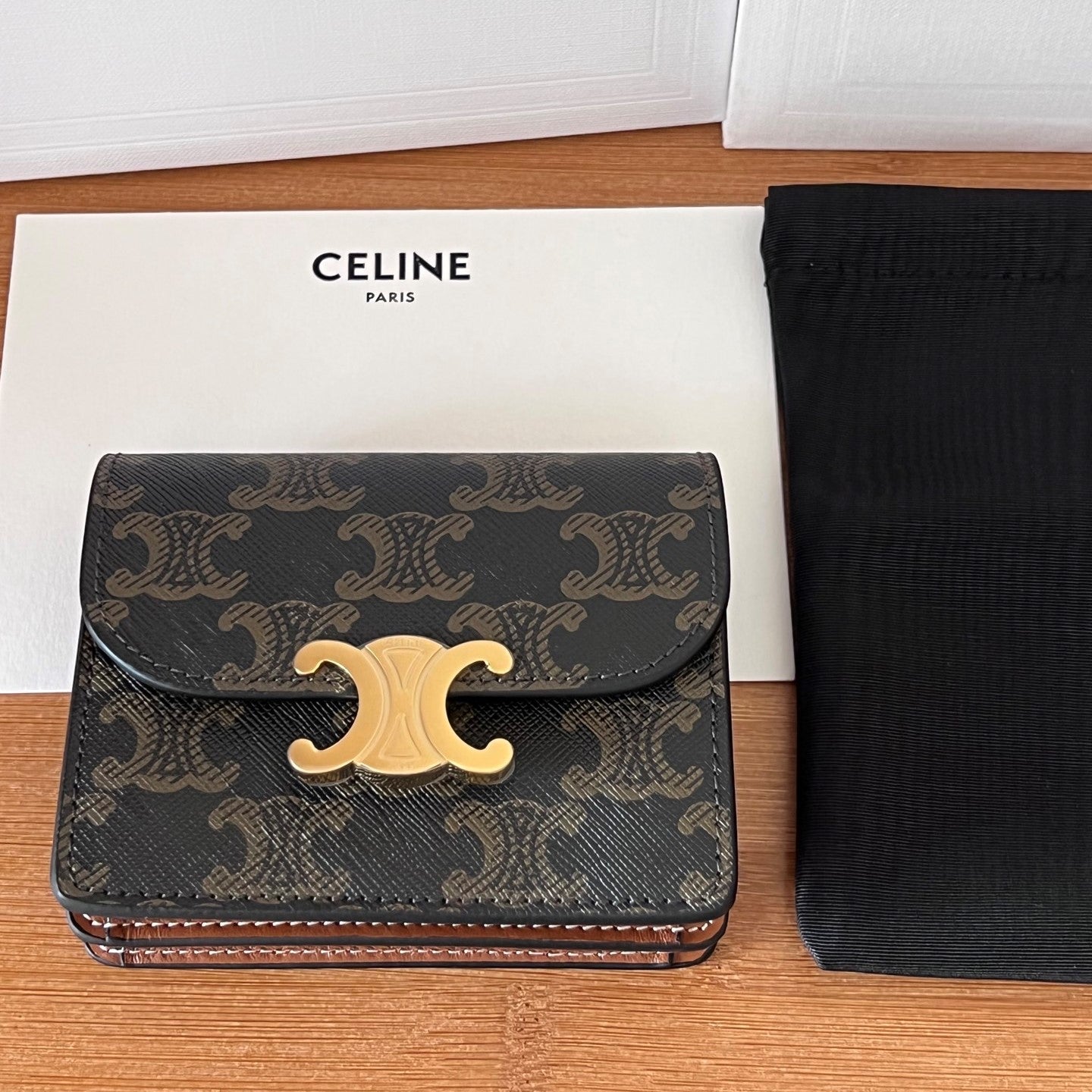 TRIOMPHE Business Card Holder Tan Cowhide GHW