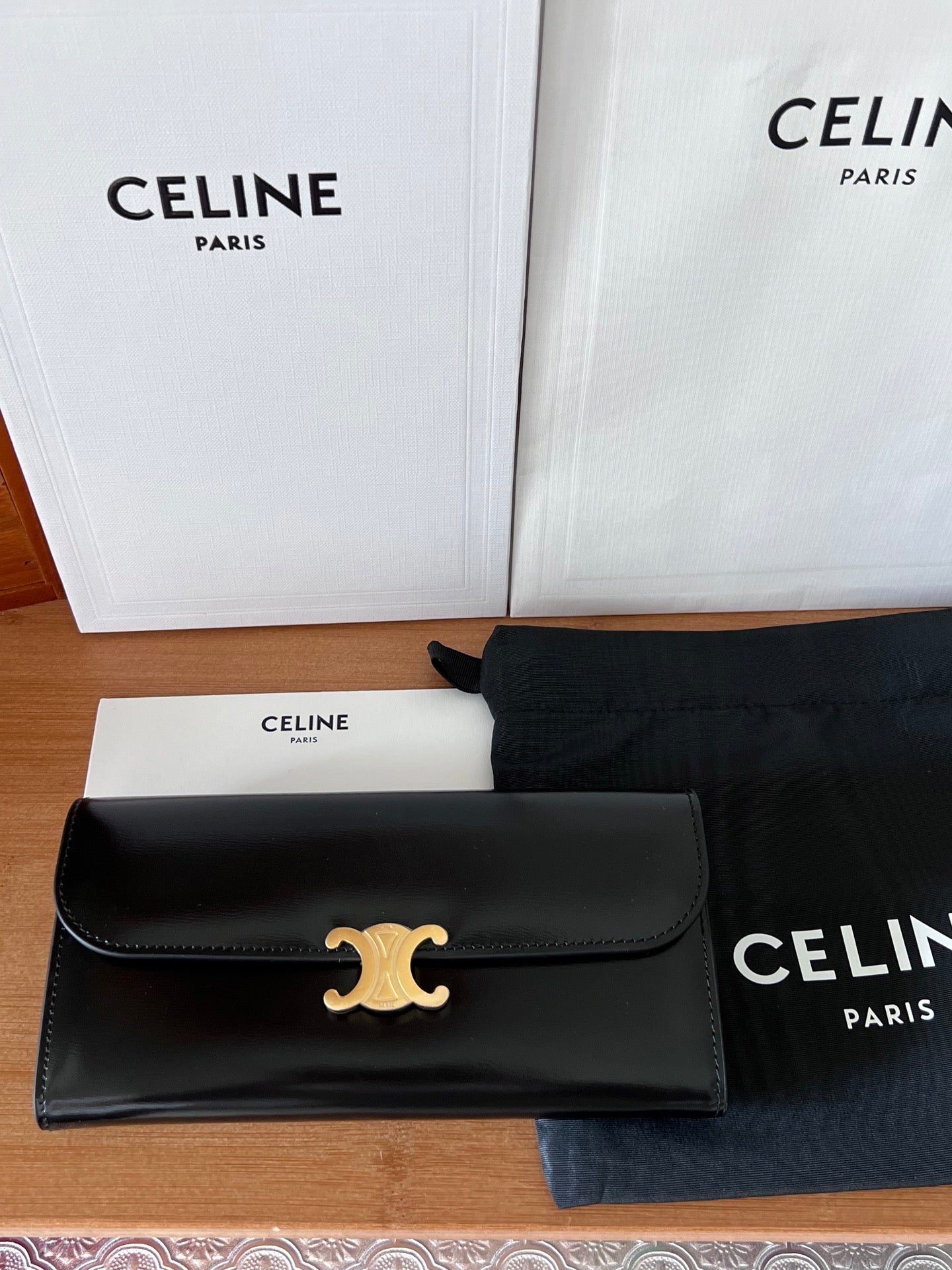 TRIOMPHE Flap Wallet Card Holder 19cm Black Shiny Cafskin