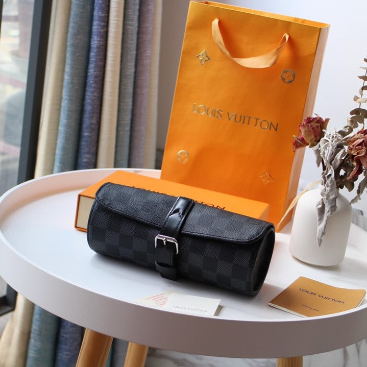 LV M47530 3 Watch Case Black Damier Graphite & Cowhide HW