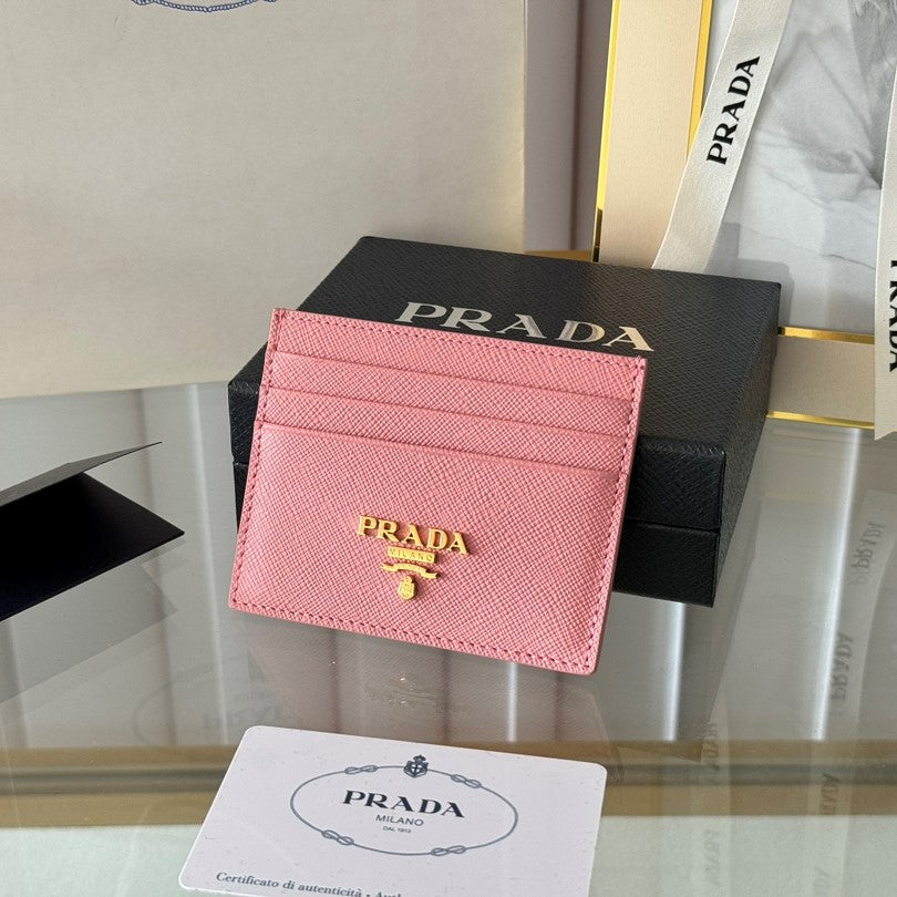 Pra Gold Logo-Stamp Card Holder Pink Saffiano Leather