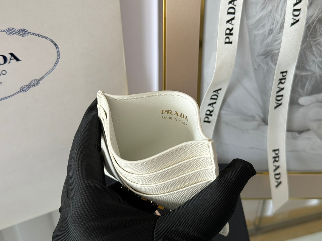 Pra Gold Logo-Stamp Card Holder White Saffiano Leather