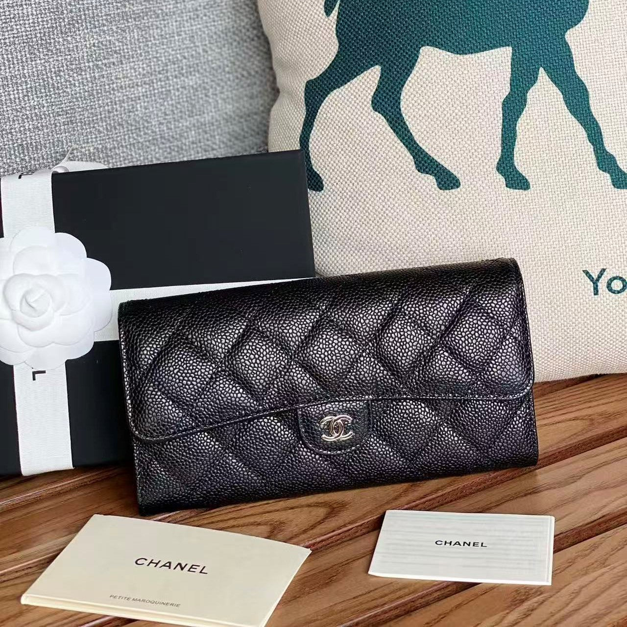 CC Classic Long Flap Wallet Black Quilted Caviar Sliver Buckle