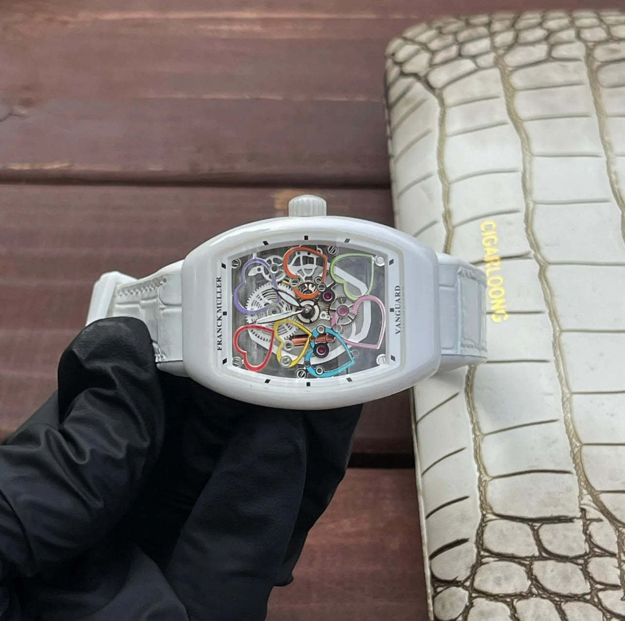 Franck Muller Vanguard 32mm Multicolor Heart Dial White Crocodial Leather