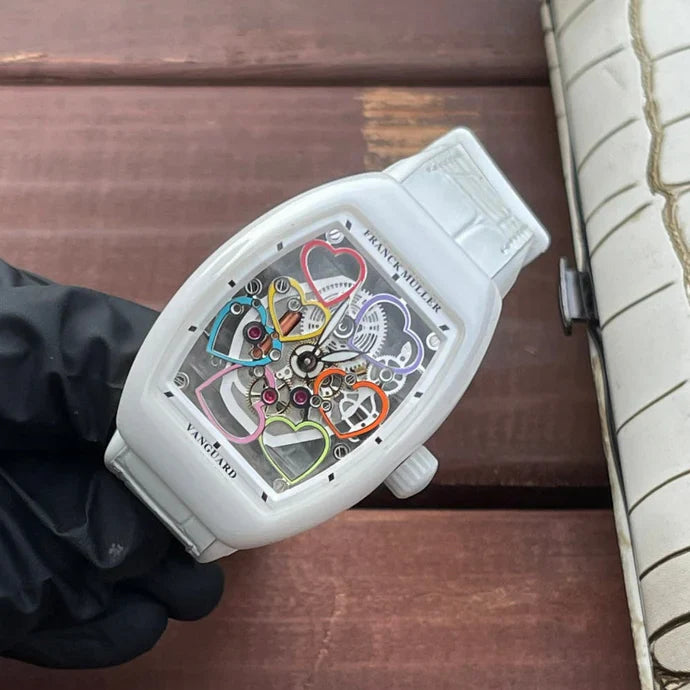 Franck Muller Vanguard 32mm Multicolor Heart Dial White Crocodial Leather