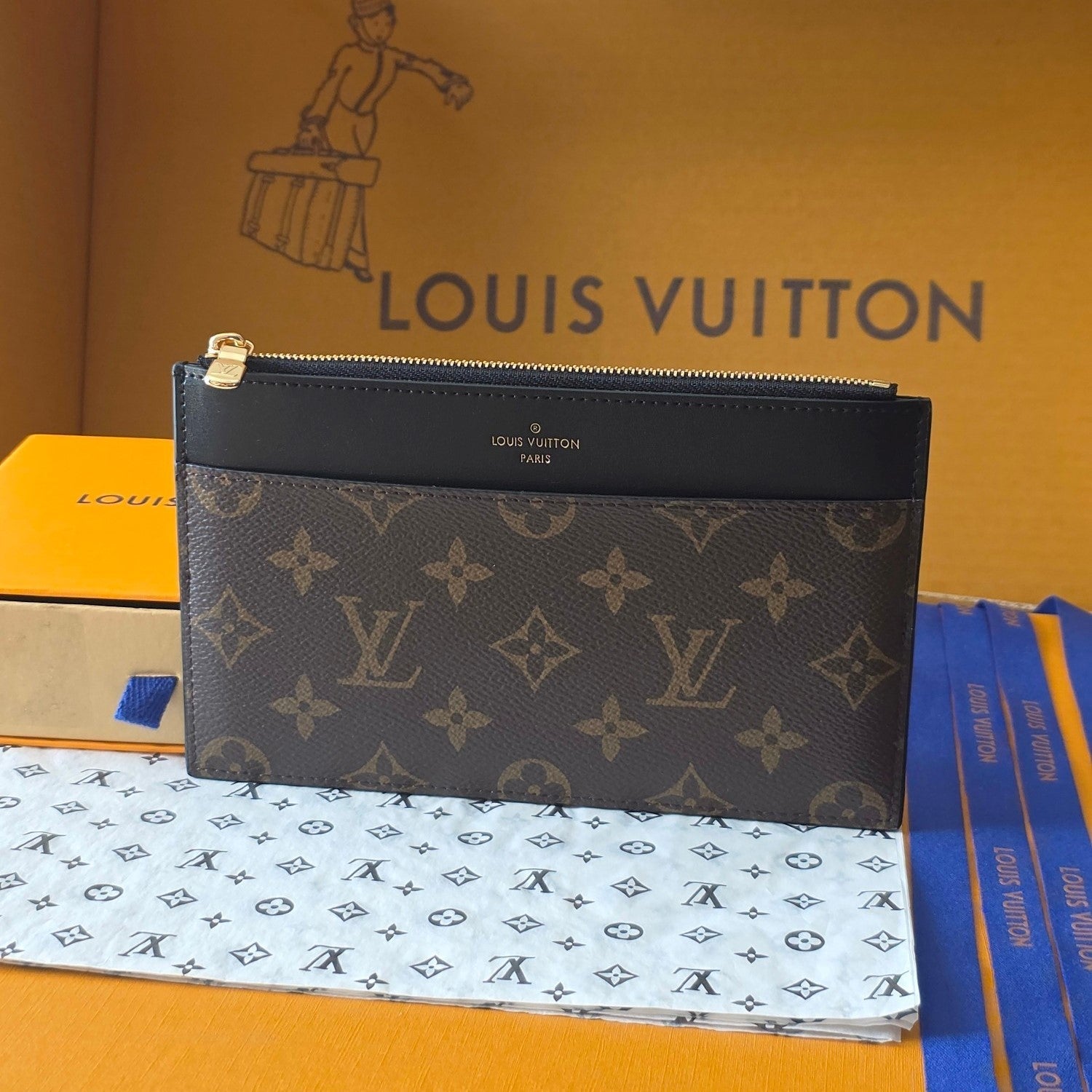 LV M80348 Slim Purse Clutch Black Monogram Canvas Cowhide