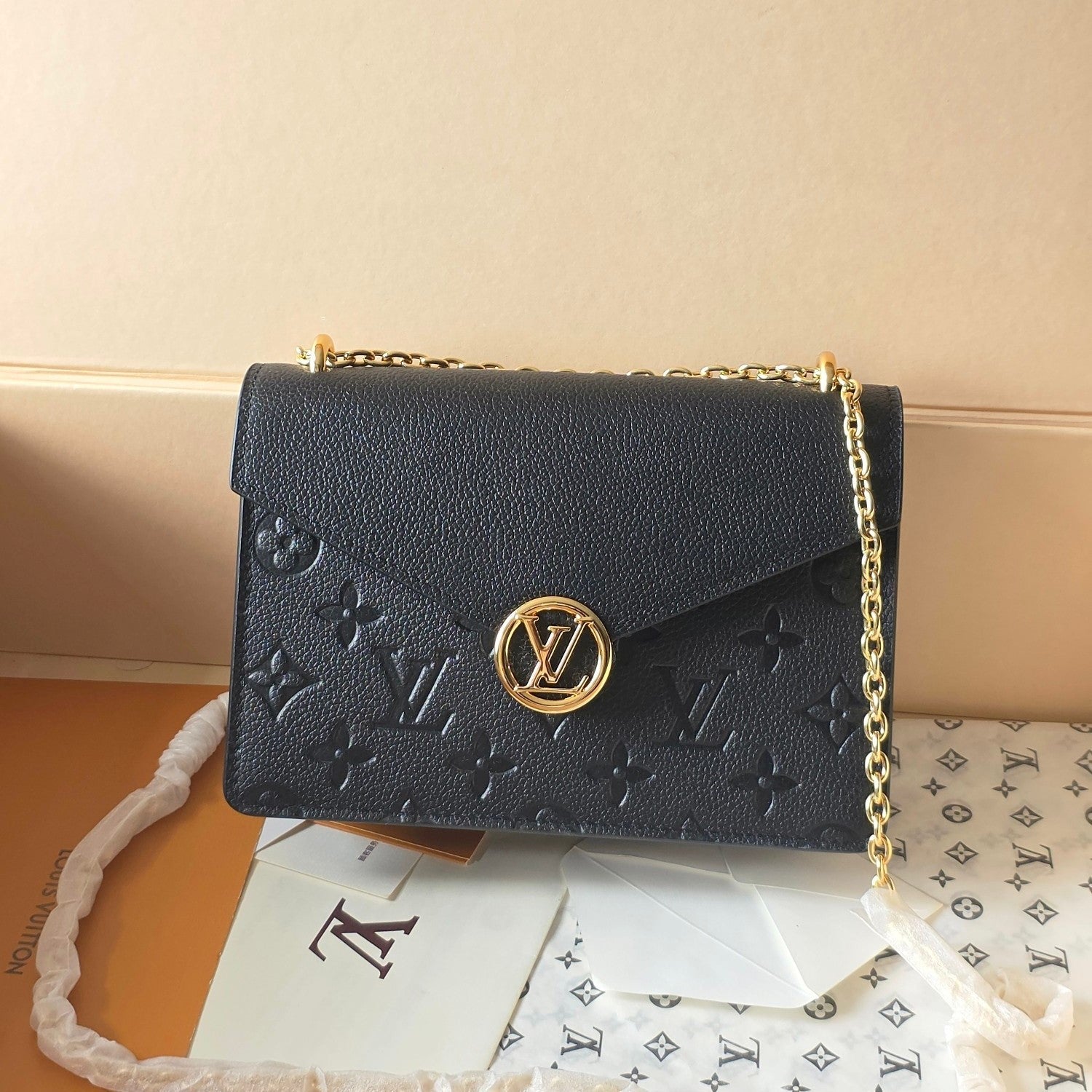 LV Wallet On Chain Rosy Black Embossed Grained Cowhide Leather
