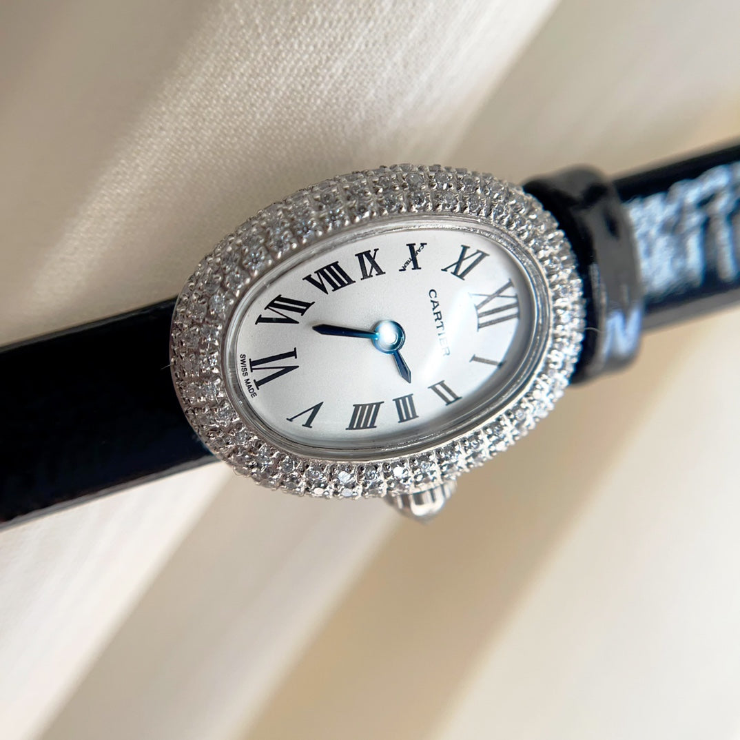 Baignoire Silver Diamond Case Black Leather Strap