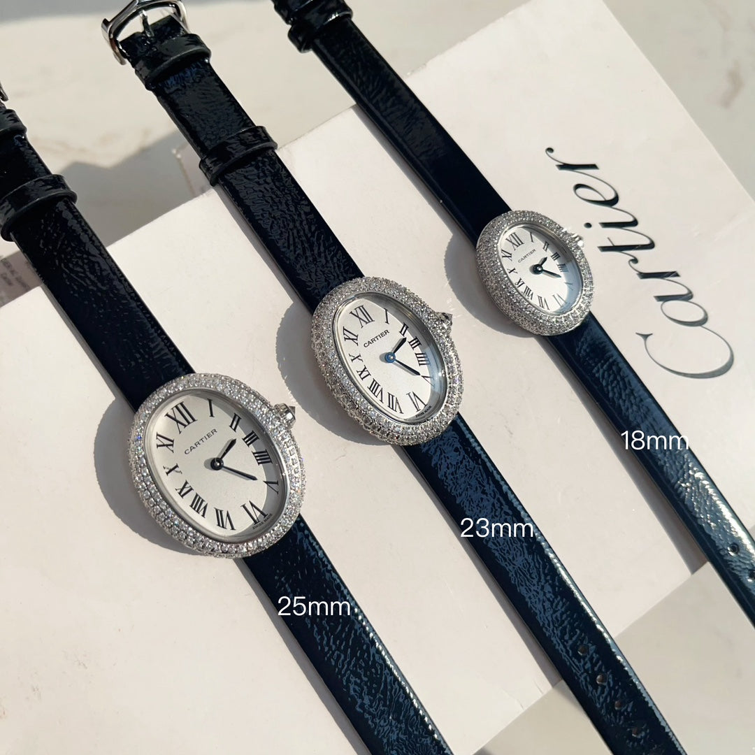 Baignoire Silver Diamond Case Black Leather Strap