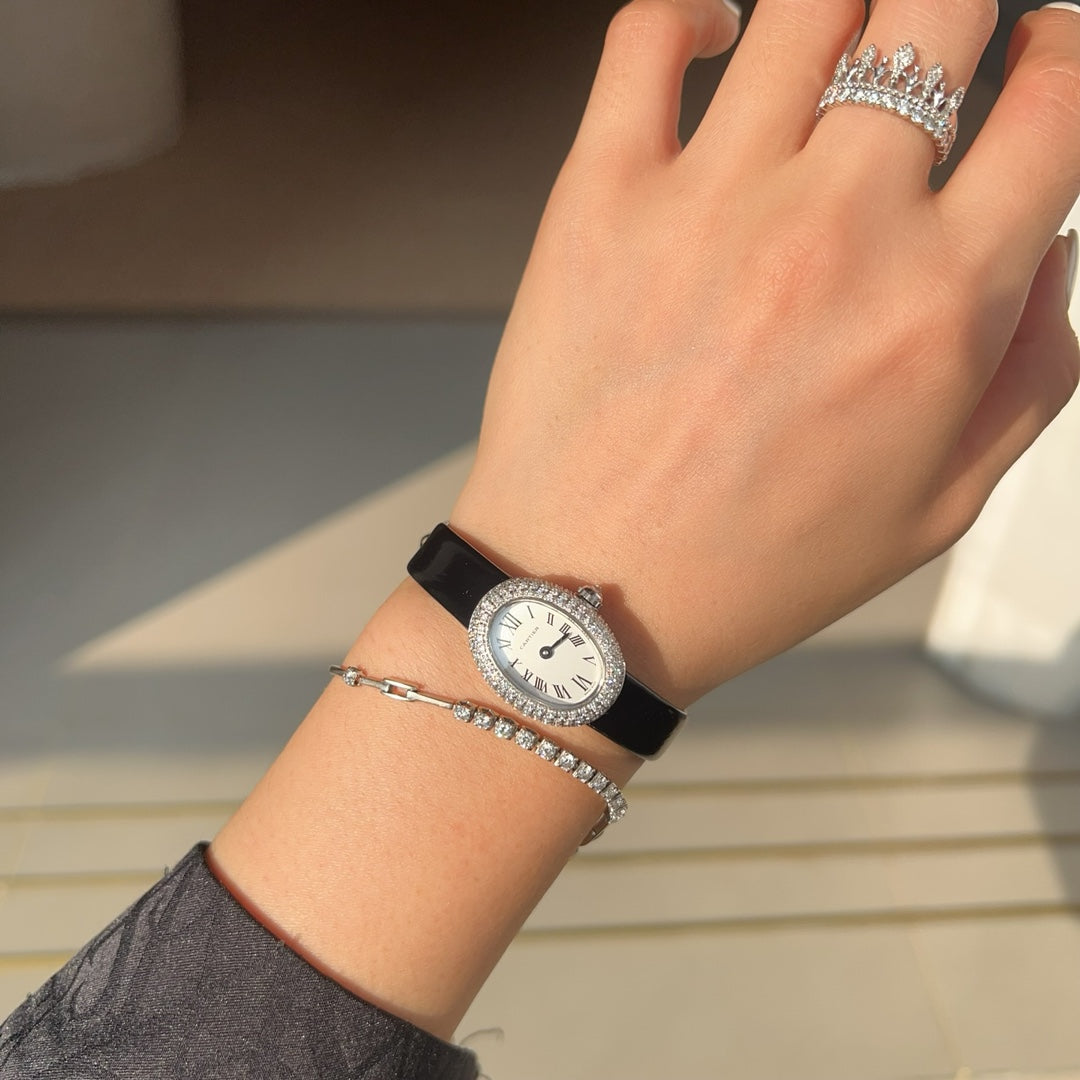 Baignoire Silver Diamond Case Black Leather Strap