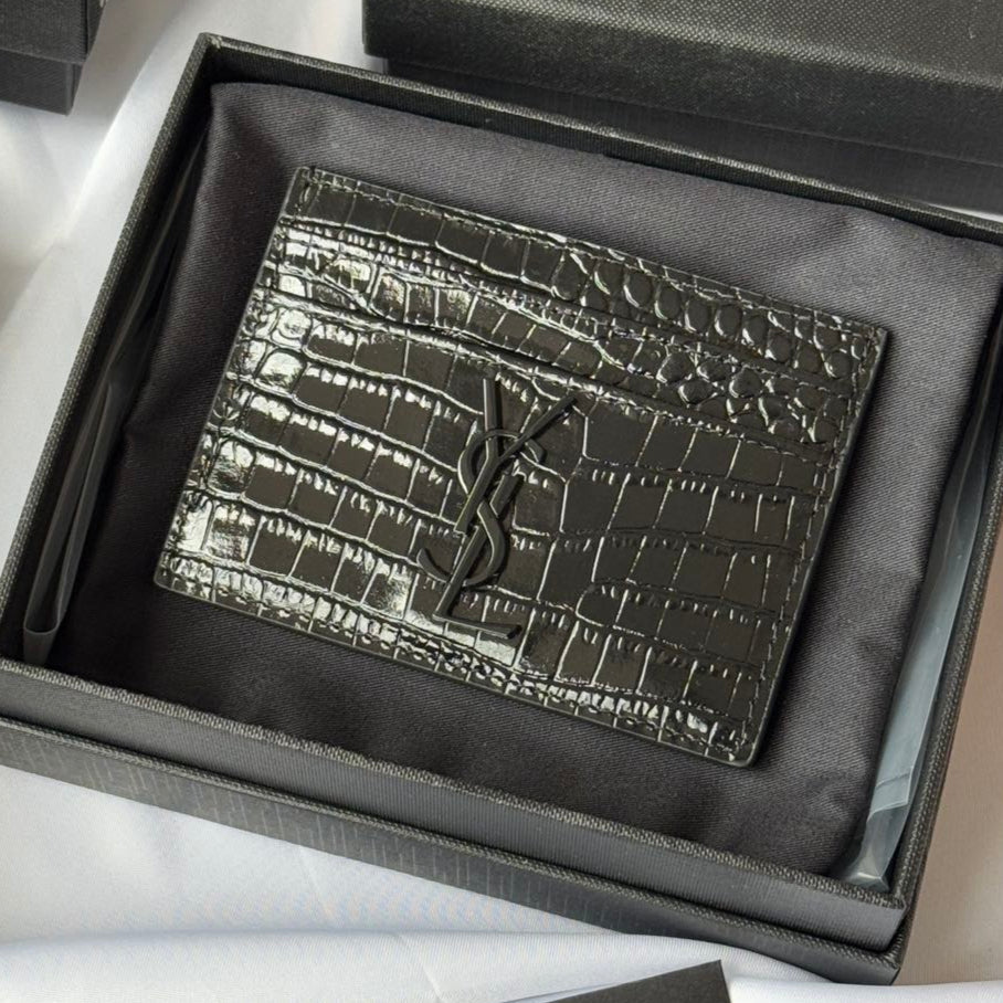 YSL Card Holder 10cm Wallet Full Black Crocodile Leather 240552