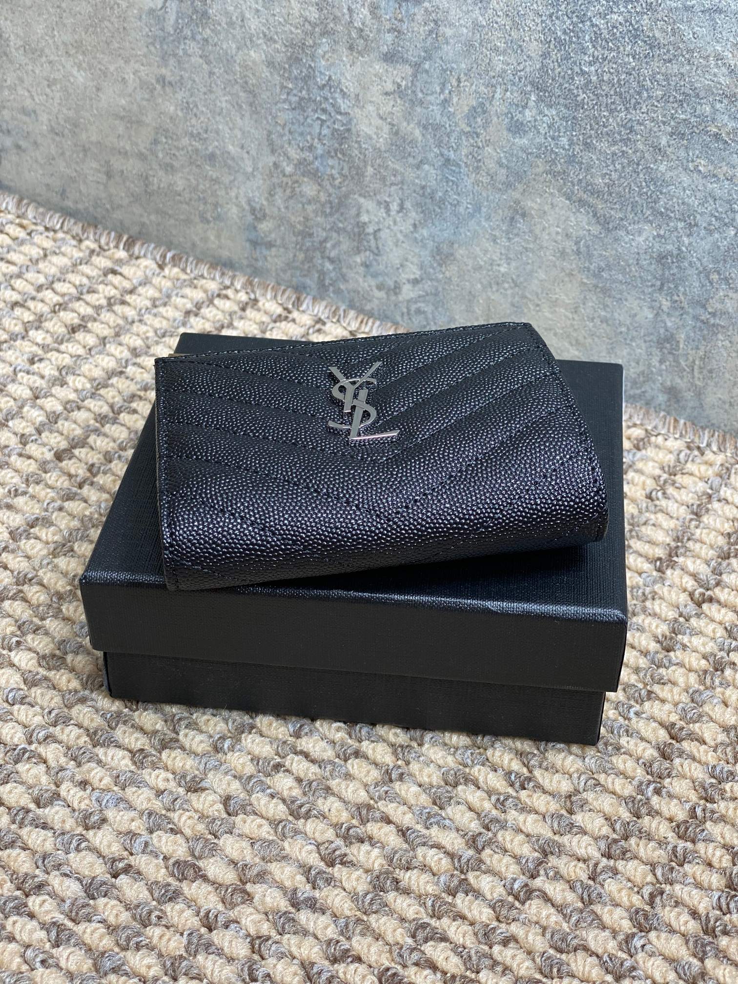 YSL Cassandre Matelassé Bi-Fold Wallet Black Caviar Cowhide Sliver HW