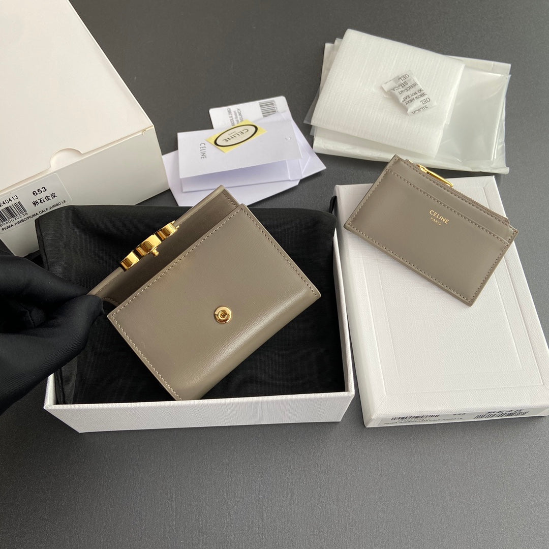 TRIOMPHE Compact Wallet With Coin Purse Modern Taupe Leather