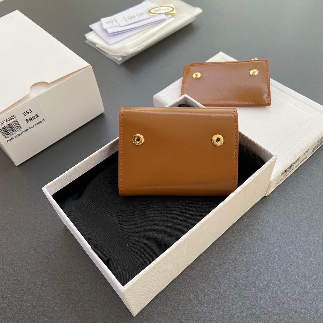 TRIOMPHE Compact Wallet With Coin Purse Tan Leather