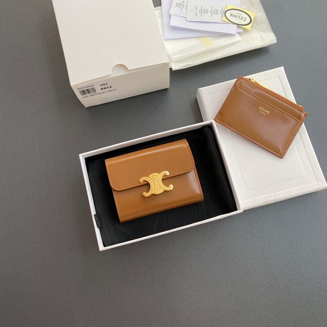 TRIOMPHE Compact Wallet With Coin Purse Tan Leather