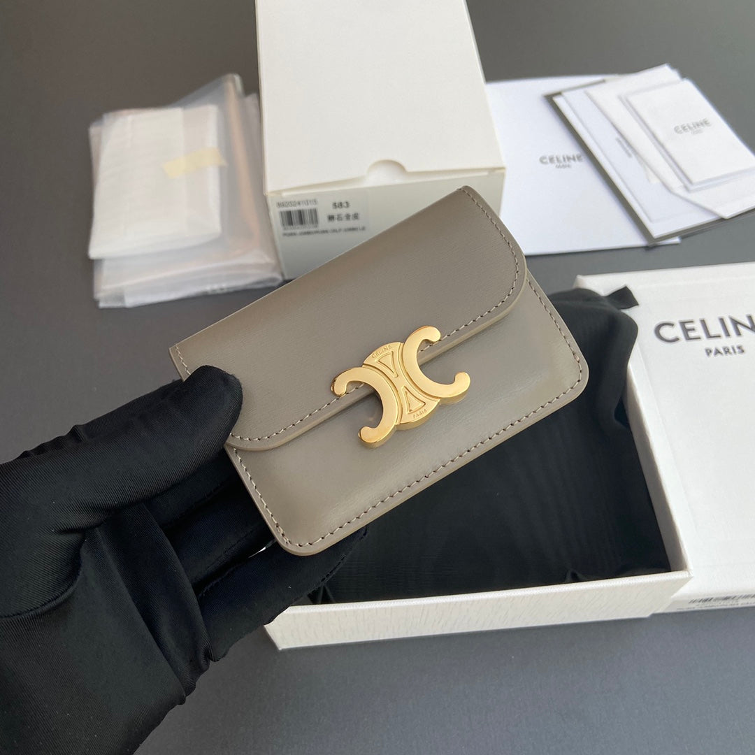 TRIOMPHE 10i583 Flap Card Holder Modern Taupe Shiny Cowhide