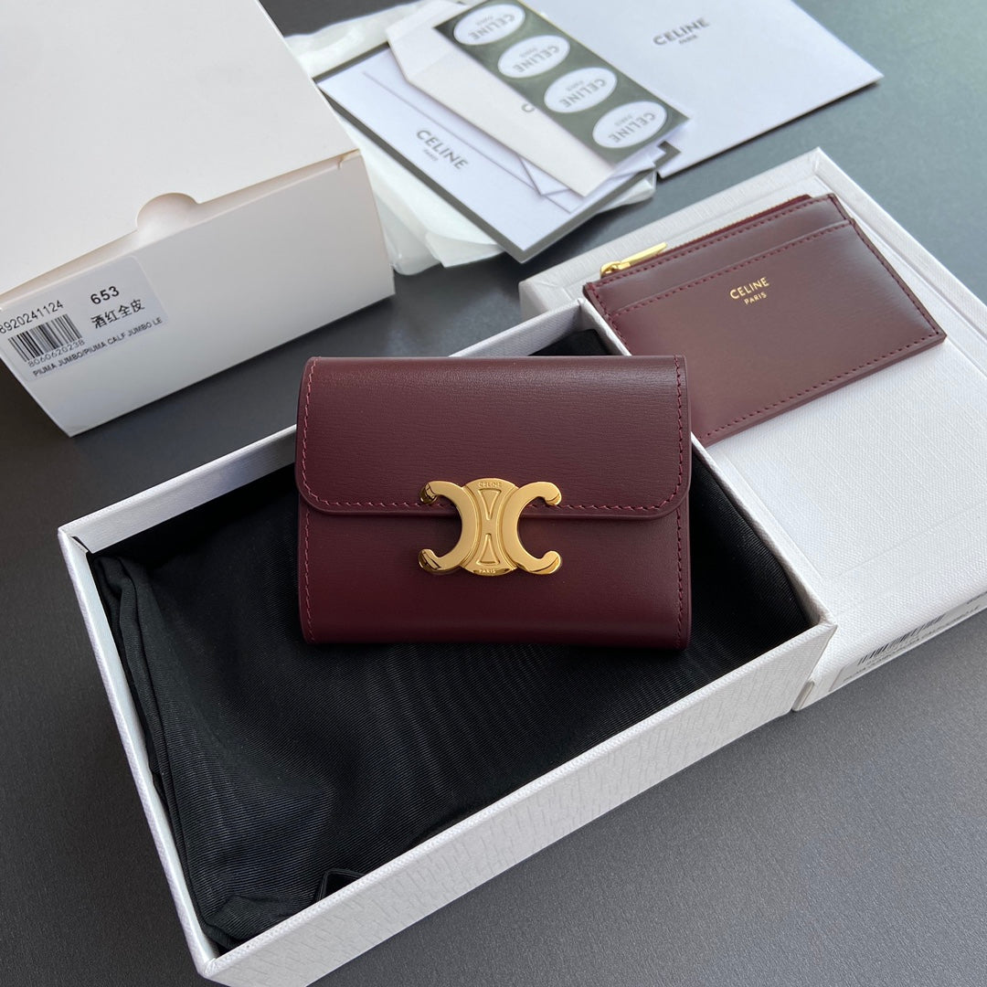 TRIOMPHE Compact Wallet With Coin Purse Burgundy Leather