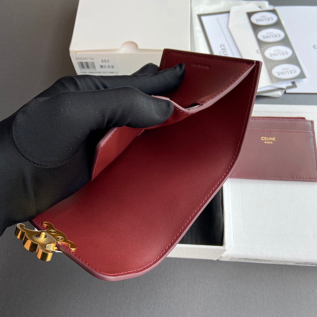 TRIOMPHE Compact Wallet With Coin Purse Burgundy Leather