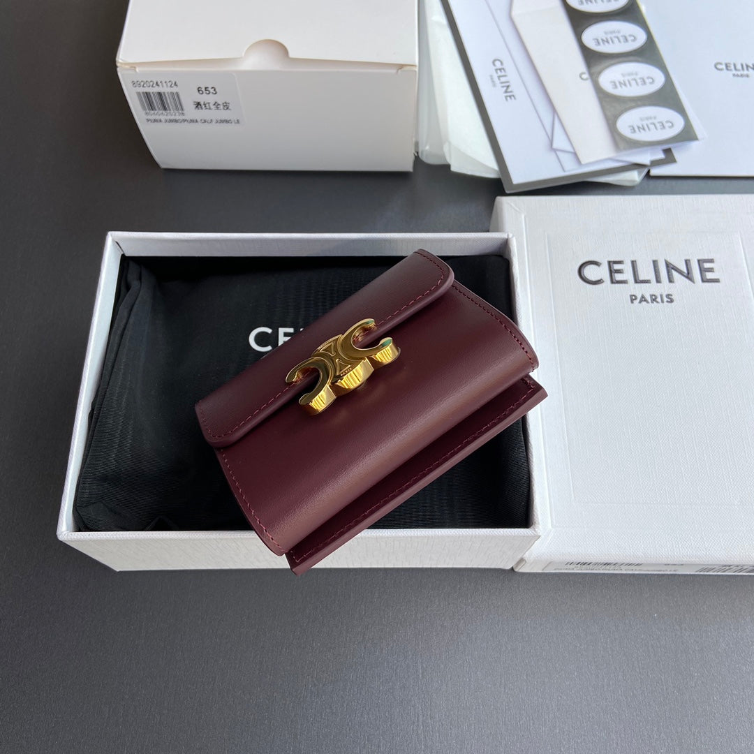 TRIOMPHE Compact Wallet With Coin Purse Burgundy Leather