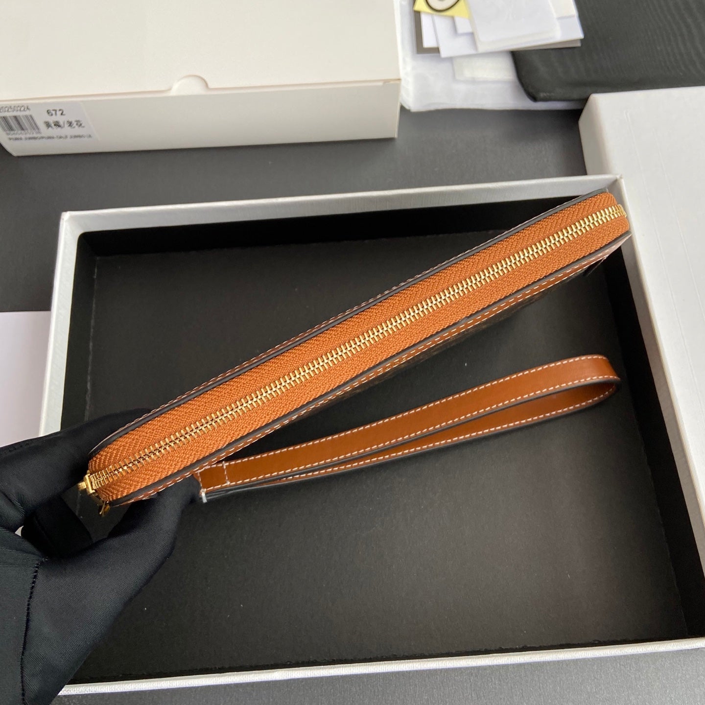 TRIOMPHE Long Pouch With Strap Tan Canvas & Calfskin