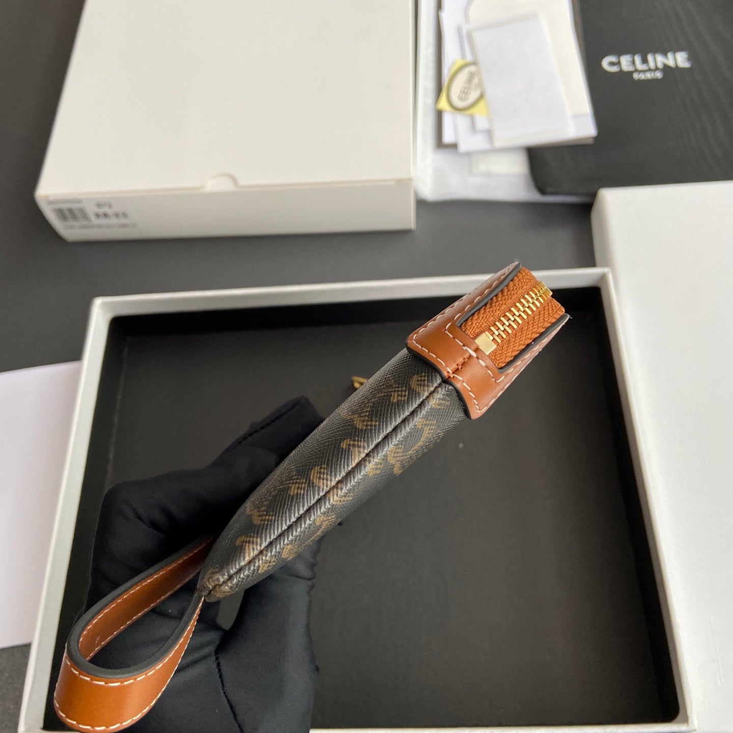 TRIOMPHE Long Pouch With Strap Tan Canvas & Calfskin