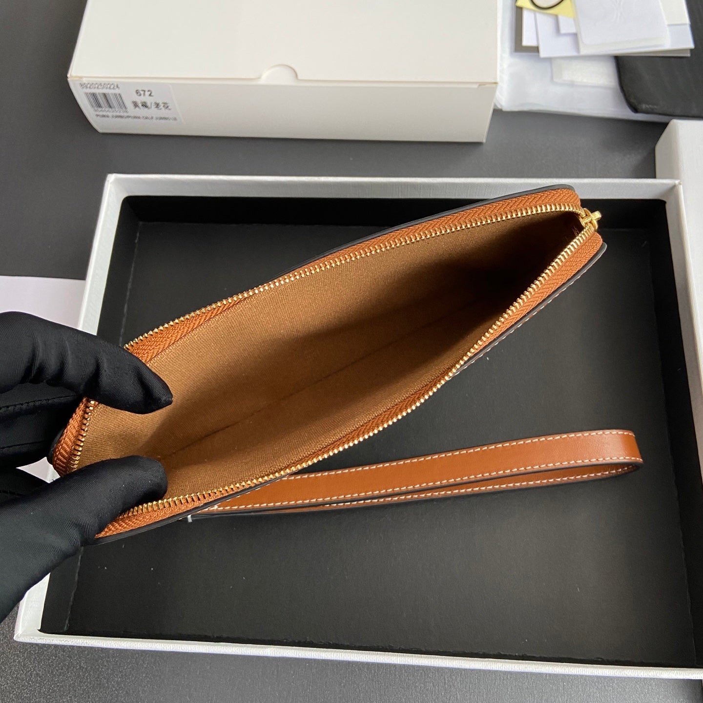 TRIOMPHE Long Pouch With Strap Tan Canvas & Calfskin