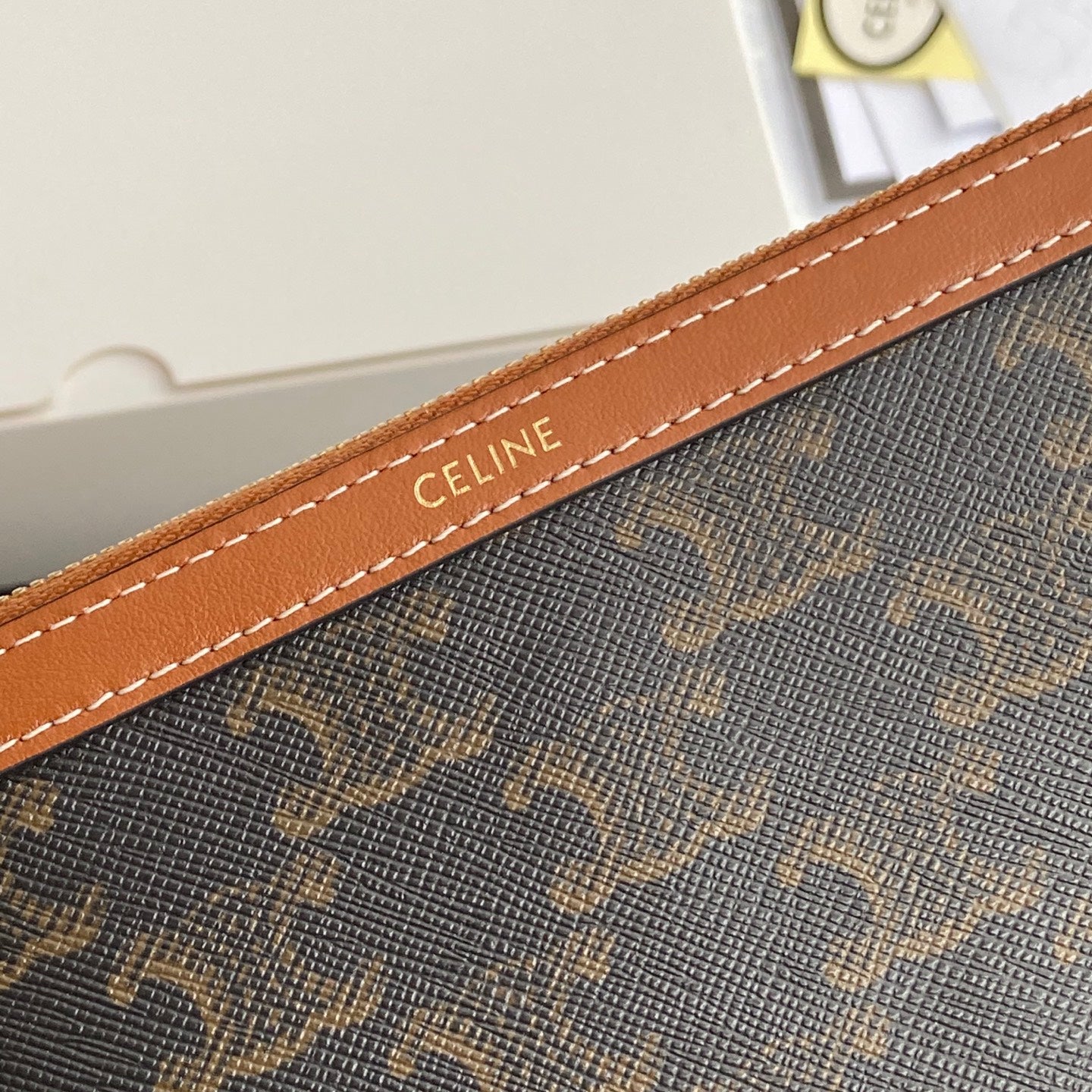 TRIOMPHE Long Pouch With Strap Tan Canvas & Calfskin